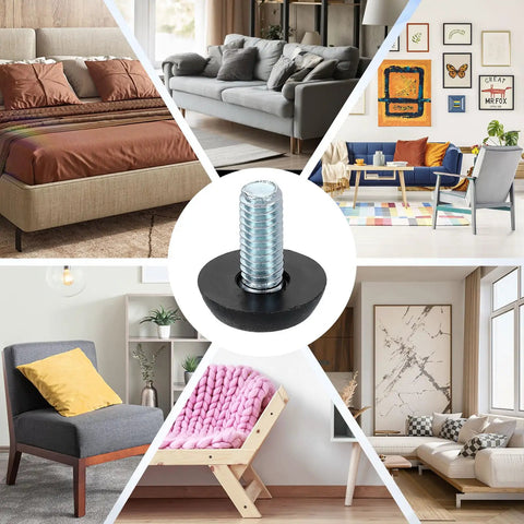 Collage showing 20Pcs 5 By 16 Inch Threaded Furniture Feet Levelers Set With Adjustable Height for various home furniture.