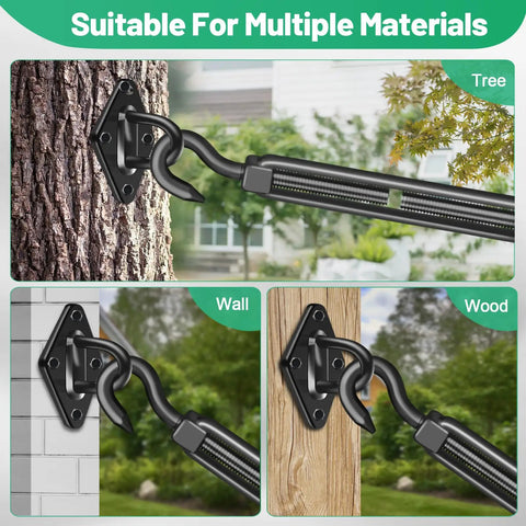 2 Pack M8 Hook and Hook Turnbuckle 304 Stainless Steel Heavy Duty Wire Rope Tensioner attached to tree, wall, and wood surfaces