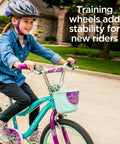 Child riding bike with Training Wheels For Kids Bike Set With Heavy Duty Steel Brackets, includes fun sticker decals.
