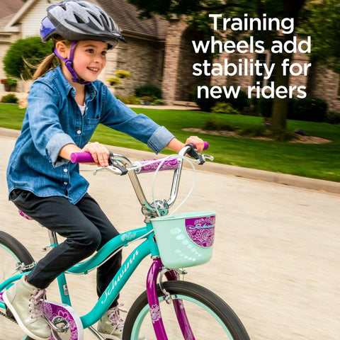 Child riding bike with Training Wheels For Kids Bike Set With Heavy Duty Steel Brackets, includes fun sticker decals.