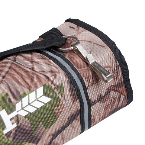 Close-up of Camouflage Arrow Quiver Backpack For Adults showing nylon material and key clip, large capacity design.