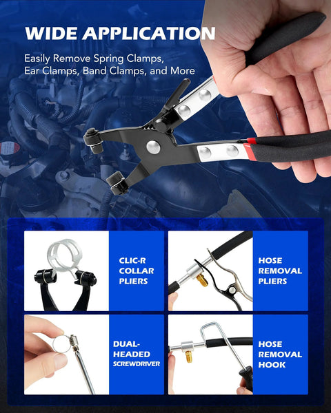 Front view of metal hose clamp plier set with long-reach swivel jaw and black grips, 9-piece