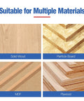 Image showing materials suitable for use with Four Piece Roundover Router Bit Set: solid wood, particle board, MDF, and plywood.