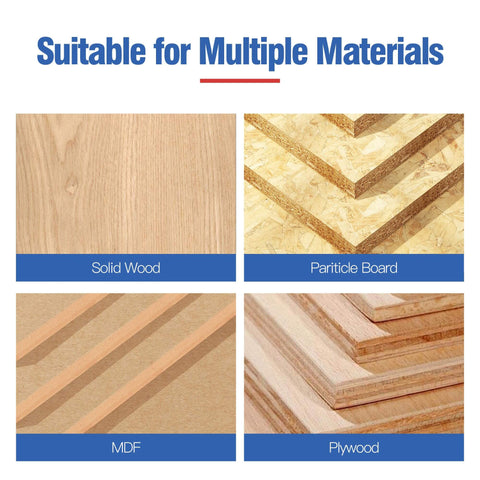 Image showing materials suitable for use with Four Piece Roundover Router Bit Set: solid wood, particle board, MDF, and plywood.