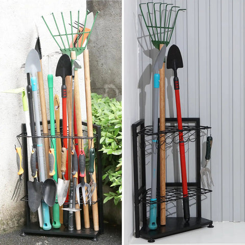Heavy Duty Garden Tool Organizer Rack For Garage Corner Storage Free Standing No Mount With 31 Tool Grids And 8 Removable Hooks Holds Shovels Rakes Mops Brooms Scissors And Shears For Indoor And Outdoor Use No Fuss with tools