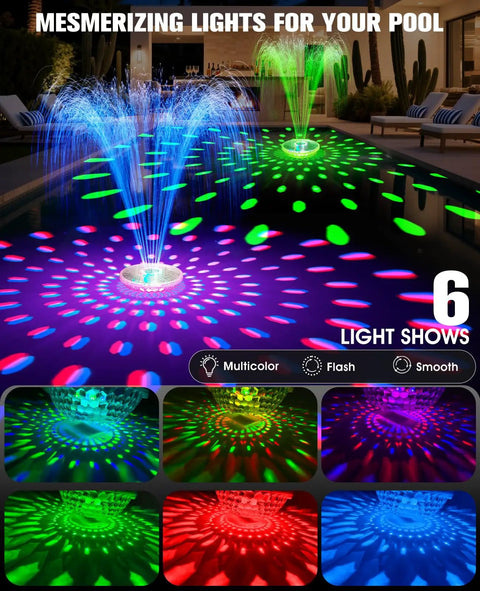 All Day Sun Powered Floating Pool Fountain Kit With Light Show Two Pack Upgraded 2026 Large Solar Fountains with colorful light display