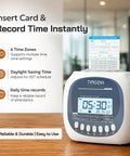 No Sweat Punch Card Time Clock For Employees And Small Business Crews Featuring Six US Time Zones Automatic Daylight Saving Sync Plug And Play Work Hour Logger Comes Ready To Roll With Fifty Preprinted Cards And Two Ribbons, showing device with card inserted.