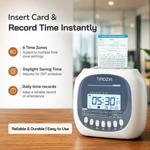 No Sweat Punch Card Time Clock For Employees And Small Business Crews Featuring Six US Time Zones Automatic Daylight Saving Sync Plug And Play Work Hour Logger Comes Ready To Roll With Fifty Preprinted Cards And Two Ribbons, showing device with card inserted.