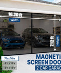 Two Car Garage Door Screen With Retractable Fiberglass Mesh Weatherproof Magnetic Closure Weighted Bottom Easy No Tools Install Tie Back Design 7 Ft High By 16 Ft Wide installed view with two cars in garage