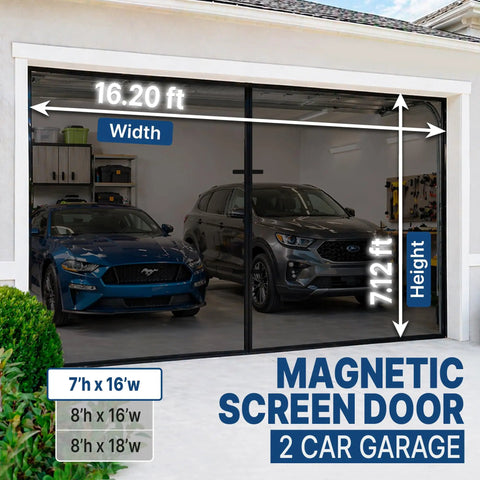 Two Car Garage Door Screen With Retractable Fiberglass Mesh Weatherproof Magnetic Closure Weighted Bottom Easy No Tools Install Tie Back Design 7 Ft High By 16 Ft Wide installed view with two cars in garage