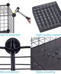 Close-up of 12 Cube Metal Wire Storage Organizer features: grid assembly, waterproof panels, ABS connectors, stackable grids in black.