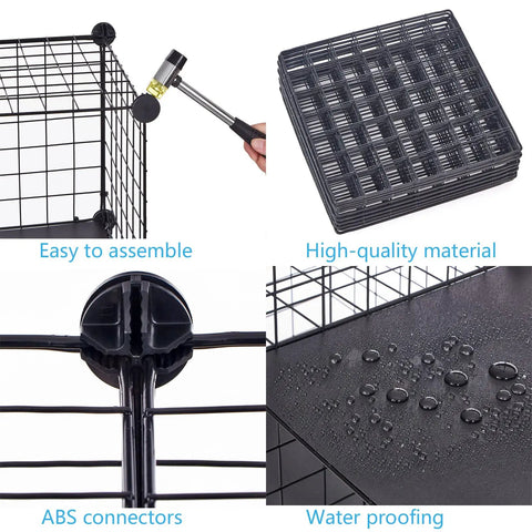 Close-up of 12 Cube Metal Wire Storage Organizer features: grid assembly, waterproof panels, ABS connectors, stackable grids in black.
