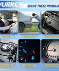 Collage showing car issues: oily smell, difficult starts, sputtering engine, fuel gauge, whining noise, and loss of power.