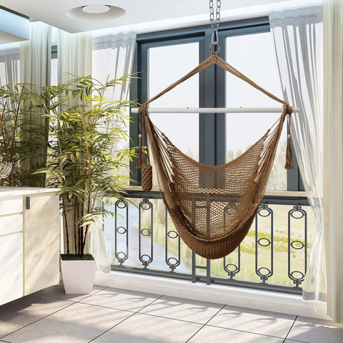 Caribbean Style Rope Hammock Chair With 40 Inch Steel Spreader Bar And Anti Slip Rings Soft Spun Cotton Rope For Indoor Outdoor Relaxation Tan
