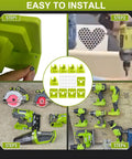 10 Pack Must Have Tool Holder Wall Mount For Ryobi 18V One Plus Cordless Drill Saw Blower And Battery Storage Heavy Duty Organizer For Pegboard Garage And Link System display with installation steps and organized tools.