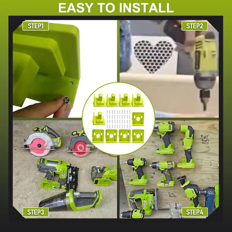 10 Pack Must Have Tool Holder Wall Mount For Ryobi 18V One Plus Cordless Drill Saw Blower And Battery Storage Heavy Duty Organizer For Pegboard Garage And Link System display with installation steps and organized tools.