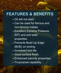 Front view of Metalworking 200 industrial lubricant features card; blue panel with bullet benefits on gold oil background