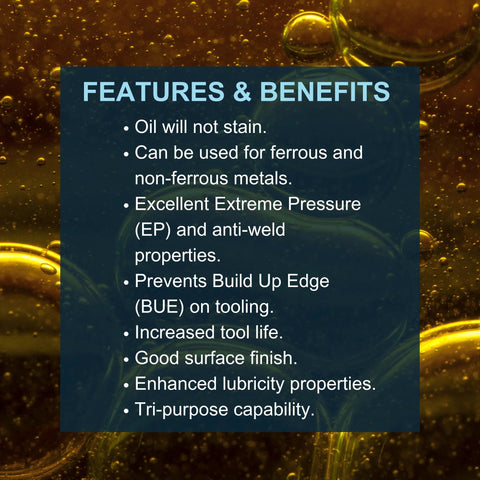 Front view of Metalworking 200 industrial lubricant features card; blue panel with bullet benefits on gold oil background