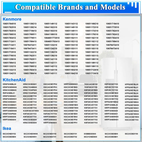 Compatible brands list for Universal Refrigerator Water Inlet Valve, showing Kenmore, KitchenAid and Ikea model numbers