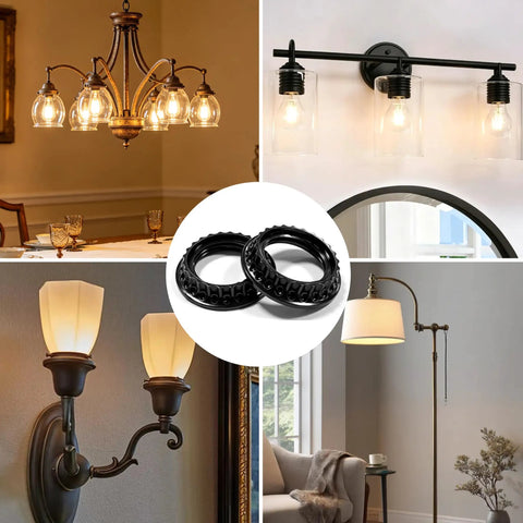Grab This 4 Pack Lamp Shade Retaining Rings For Your Home Glow Up, Fits E26 Threaded Holders Perfectly with black plastic rings displayed.