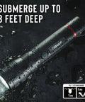 G60R 1000 Lumen Waterproof Rechargeable LED Flashlight shown submerged in water, highlighting twist focus optic, IP67 rating.