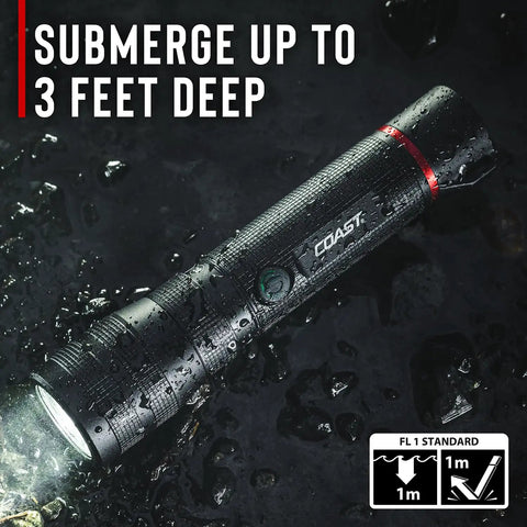 G60R 1000 Lumen Waterproof Rechargeable LED Flashlight shown submerged in water, highlighting twist focus optic, IP67 rating.