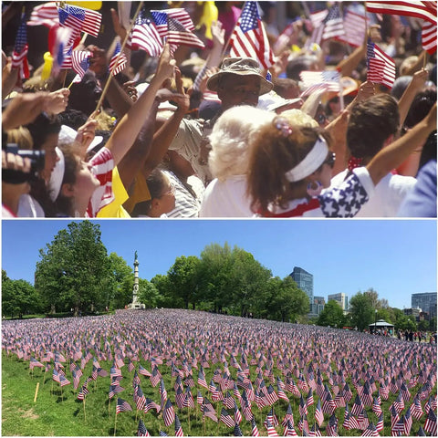 Crowd with flags and field of 12 Pack 12x18 Inch American Flags For Outdoors With Grounded Multi Purpose Flagpole And Handheld Options Backyard Ready Patriotic Decor For Memorial Day Fourth Of July 30 Inch Total Length