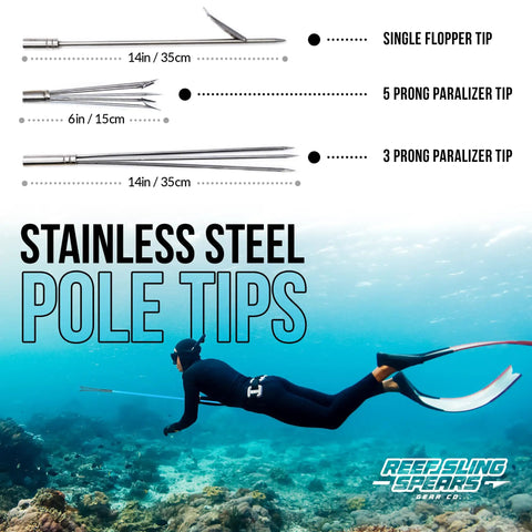 Travel Ready Fiberglass Pole Spear For Spearfishing With 3 Prong Paralyzer Tips, 72 Inch Harpoon and diver in underwater scene