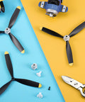 Six Sets 3 Blade RC Plane Propellers With Adapters 400mm Compatible With F4U T28 P47, shown with tools and RC planes