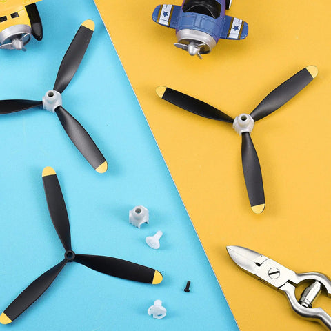 Six Sets 3 Blade RC Plane Propellers With Adapters 400mm Compatible With F4U T28 P47, shown with tools and RC planes