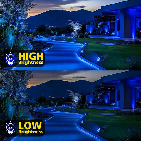 Blue Solar Spotlight Outdoor Lights illuminating a garden pathway at night with high and low brightness settings visible.
