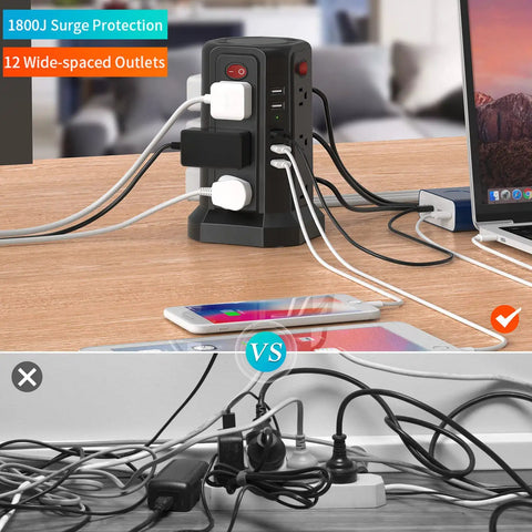 17-in-1 Tower Power Strip Surge Protector With 12 AC Outlets And 5 USB Ports on desk with electronics connected, 10 ft cord visible