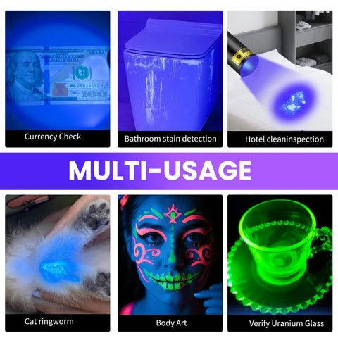 Image showing multi-usage of 365 Nanometer Mini Black Light UV Flashlight With USB Rechargeable Power Portable Woods Lamp.