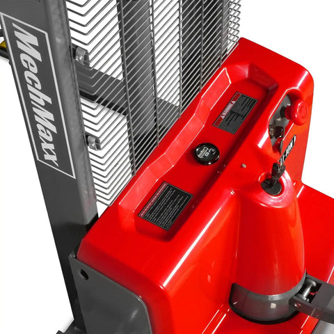 Mechmaxx 3300 Lb Electric Lithium Ion Straddle Stacker With 98 Inch Lift Height And Adjustable Legs Forks 24V Battery control panel and battery compartment close-up.