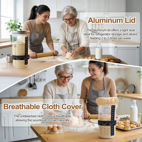 Two women using 24 Oz Wide Mouth Sourdough Starter Jar Kit With Glass Fermentation Container Date Marker Thermometer Silicone Scraper Lids Airtight Storage Canister The Must Have Complete Sourdough Baking Gear For Home Bakers with aluminum lid and cloth cover to prepare sourdough in a kitchen.