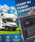 Smooth Operator RV Power Converter Swaps 110V AC To 12V DC With Zero Drama showing 55AMP unit next to camper in bright outdoors.
