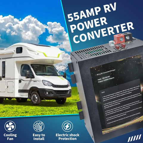 Smooth Operator RV Power Converter Swaps 110V AC To 12V DC With Zero Drama showing 55AMP unit next to camper in bright outdoors.