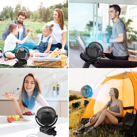 Collage of Portable Desk Fan with 12000mAh Battery, used during picnic, on treadmill, in kitchen, and outside a tent.