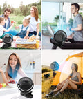 Portable USB Clip On Fan With 12000mAh Battery And 65 Hours Runtime shown in various settings: picnic, treadmill, kitchen, and tent.
