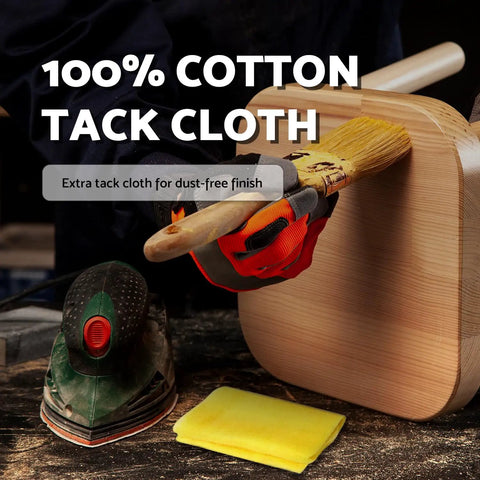 Cotton tack cloth next to Black And Decker Mouse Sanding Pads Pack With 60 80 120 150 220 Grits, woodworking setup
