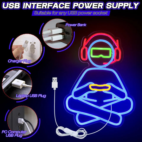 Gamer Neon Sign For Wall Decor 3D Dimmable USB Powered With 8 Modes Control showing USB power interface options.
