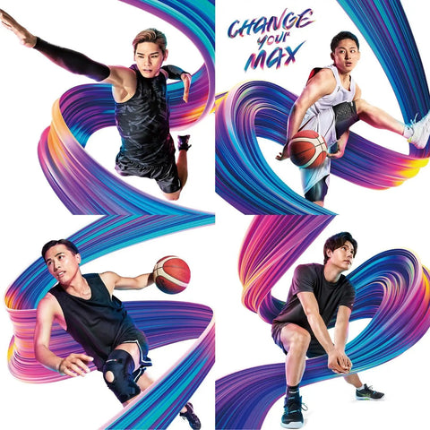 Four athletes in dynamic poses with colorful swirls promoting 'Change Your Max', wearing sports attire and holding basketballs.