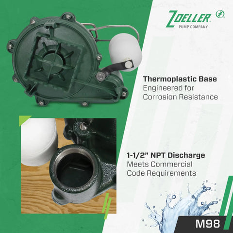 Thermoplastic base sump pump with float, showing corrosion-resistant construction and 1-1/2 inch NPT discharge feature.