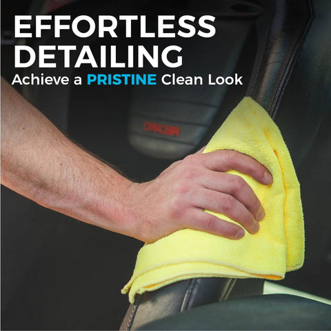 Hand using yellow microfiber towel on car seat, demonstrating cleaning process. Text: Effortless Detailing, Achieve a Pristine Clean Look.