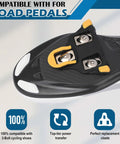 Road Bike Cleat Set With 6 Degree Float, Clipless Pedal Compatible, shown installed on cycling shoe with 3 bolt system.