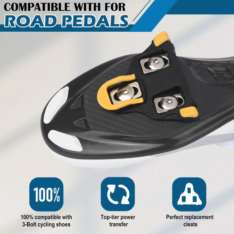 Road Bike Cleat Set With 6 Degree Float, Clipless Pedal Compatible, shown installed on cycling shoe with 3 bolt system.