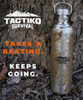 Durable Stainless Steel Water Bottle 1500 Ml BPA Free For Camping And Outdoors Campfire Ready 18/8 304 Food Grade Boil Safe Over Campfire Grill Or Stove Not Vacuum Insulated Built For Survival And Everyday Adventure against tree trunk with dirt
