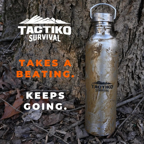 Durable Stainless Steel Water Bottle 1500 Ml BPA Free For Camping And Outdoors Campfire Ready 18/8 304 Food Grade Boil Safe Over Campfire Grill Or Stove Not Vacuum Insulated Built For Survival And Everyday Adventure against tree trunk with dirt