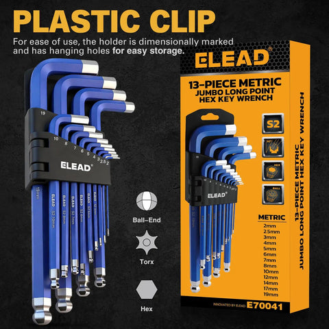Beefy Long Ball End Hex Key Set 13-Piece Metric 2 To 19mm S2 Steel With Chrome Finish shown with packaging