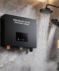 Heavy Duty 27Kw Tankless Water Heater Pumps Out Instant Whole Home Hot Water With Smart Self Regulating Tech, wall mounted unit with showerhead.